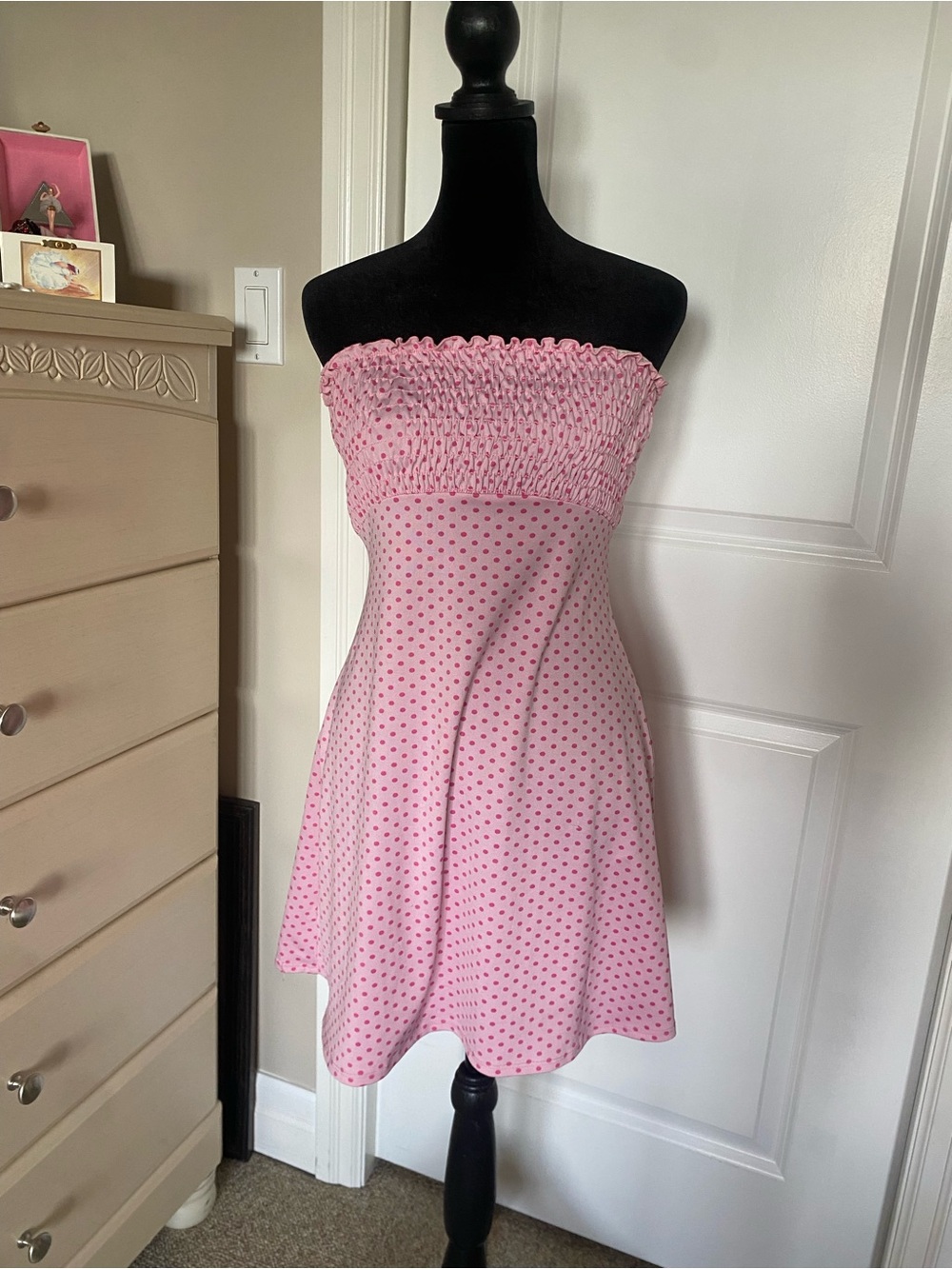 Guess Jeans | Strapless Pink Polka Dot Summer Dress | Size Small